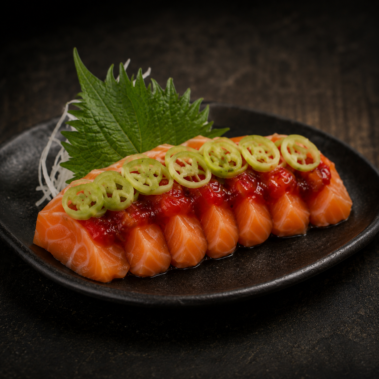 Sashimis - Salmão Especial Geleia De Pimenta e Alho-Poró